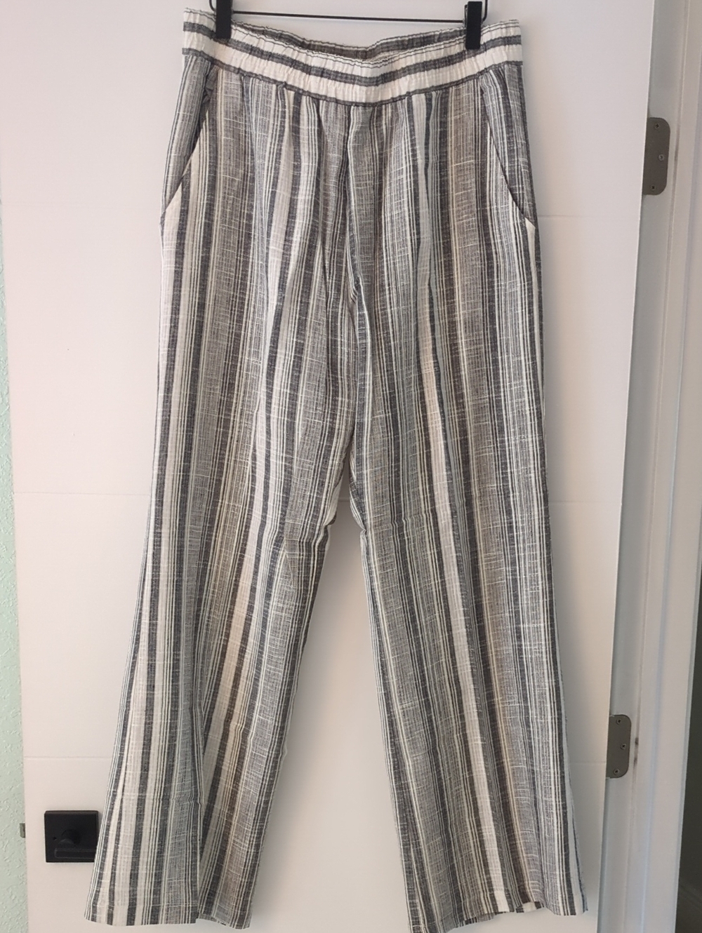 DREW Grey & White Striped Relaxed Linen Blend Wide Leg Pants Stretchy Waist Sz L